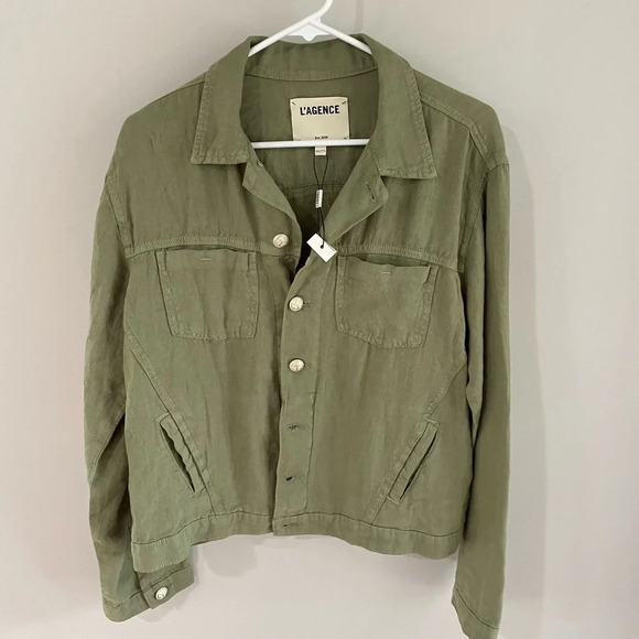 L'AGENCE Celine Slim Linen Utility Jacket - Sage Green - XXL - Picture 7 of 15